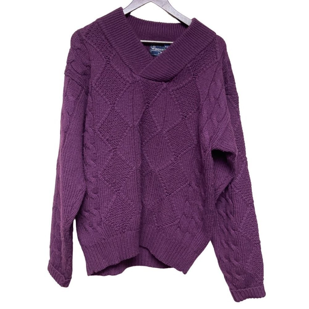 VTG Woodstock Bernard 100% Virgin Wool Purple Cable Knit Shawl Men's Size Large